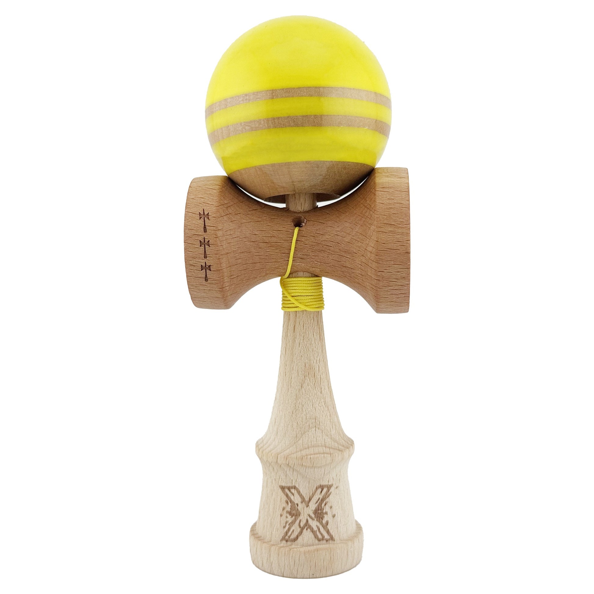 Kendama X Rainbow Originala, Profesionala, Klevo, Big Cups V2, Super Sticky cu Cupe Mari, Rulment Metalic, din lemn 18 cm, Ata 55 cm, Galben/Maro