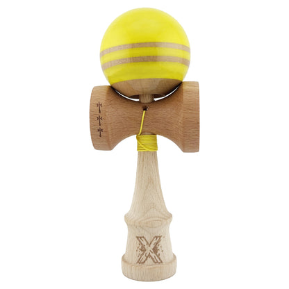 Kendama X Rainbow Originala, Profesionala, Klevo, Big Cups V2, Super Sticky cu Cupe Mari, Rulment Metalic, din lemn 18 cm, Ata 55 cm, Galben/Maro