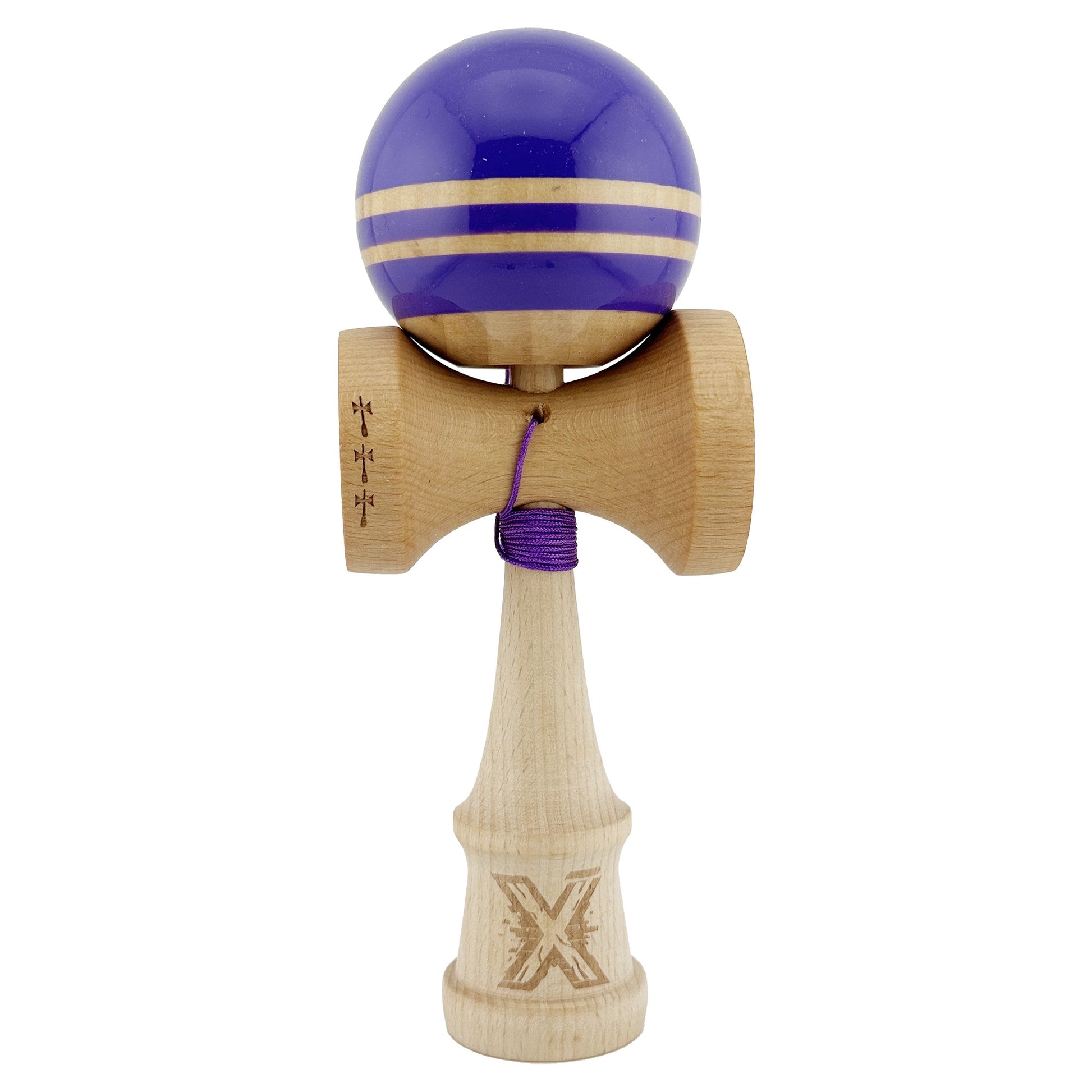 Kendama X Rainbow Originala, Profesionala, Klevo, Big Cups V2, Super Sticky cu Cupe Mari, Rulment Metalic, din lemn 18 cm, Ata 55 cm, Indigo/Maro