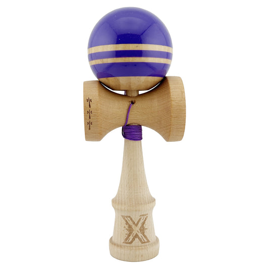 Kendama X Rainbow Originala, Profesionala, Klevo, Big Cups V2, Super Sticky cu Cupe Mari, Rulment Metalic, din lemn 18 cm, Ata 55 cm, Indigo/Maro
