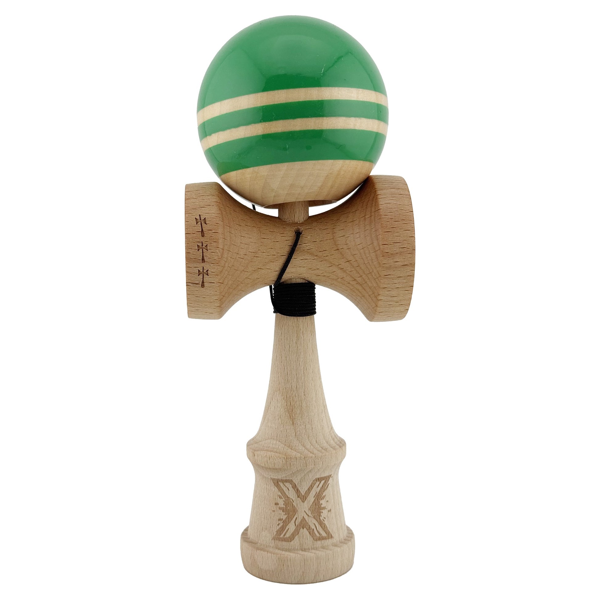 Kendama X Rainbow Originala, Profesionala, Klevo, Big Cups V2, Super Sticky cu Cupe Mari, Rulment Metalic, din lemn 18 cm, Ata 55 cm, Verde/Maro