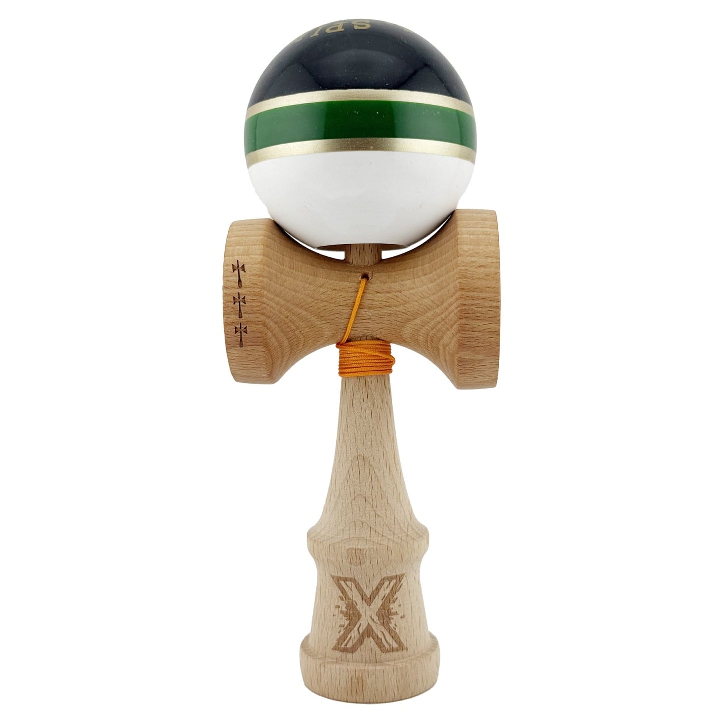 Kendama X ROYAL SPIKE Originala, Profesionala, Klevo, Big Cups V2, Super Sticky cu Cupe Mari, Rulment Metalic, din lemn 18 cm, Ata 55 cm, Negru/Verde Gold/Alb