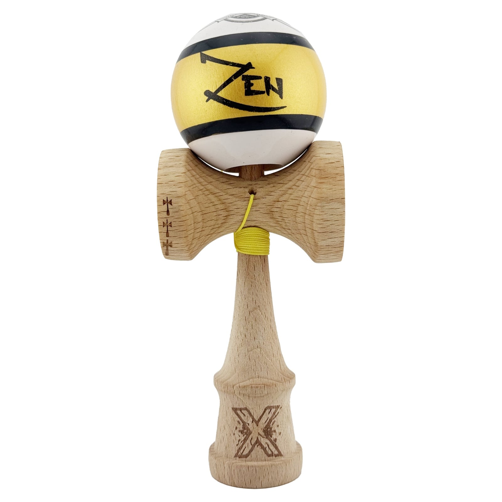 Kendama X ZEN Originala, Profesionala, Klevo, Big Cups V2, Super Sticky Legendary Cupe Mari, Rulment Metalic cu Ata 55 cm, Auriu/Alb