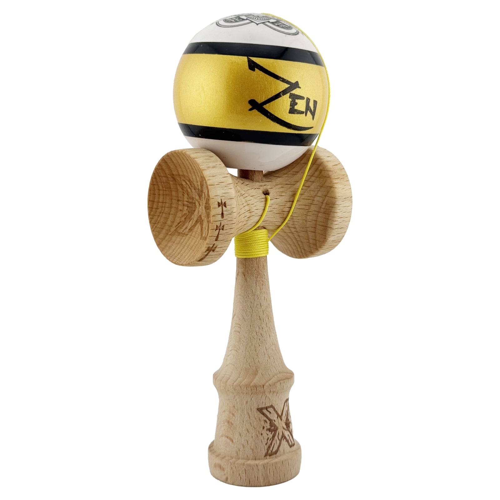 Kendama X ZEN Originala, Profesionala, Klevo, Big Cups V2, Super Sticky Legendary Cupe Mari, Rulment Metalic cu Ata 55 cm, Auriu/Alb
