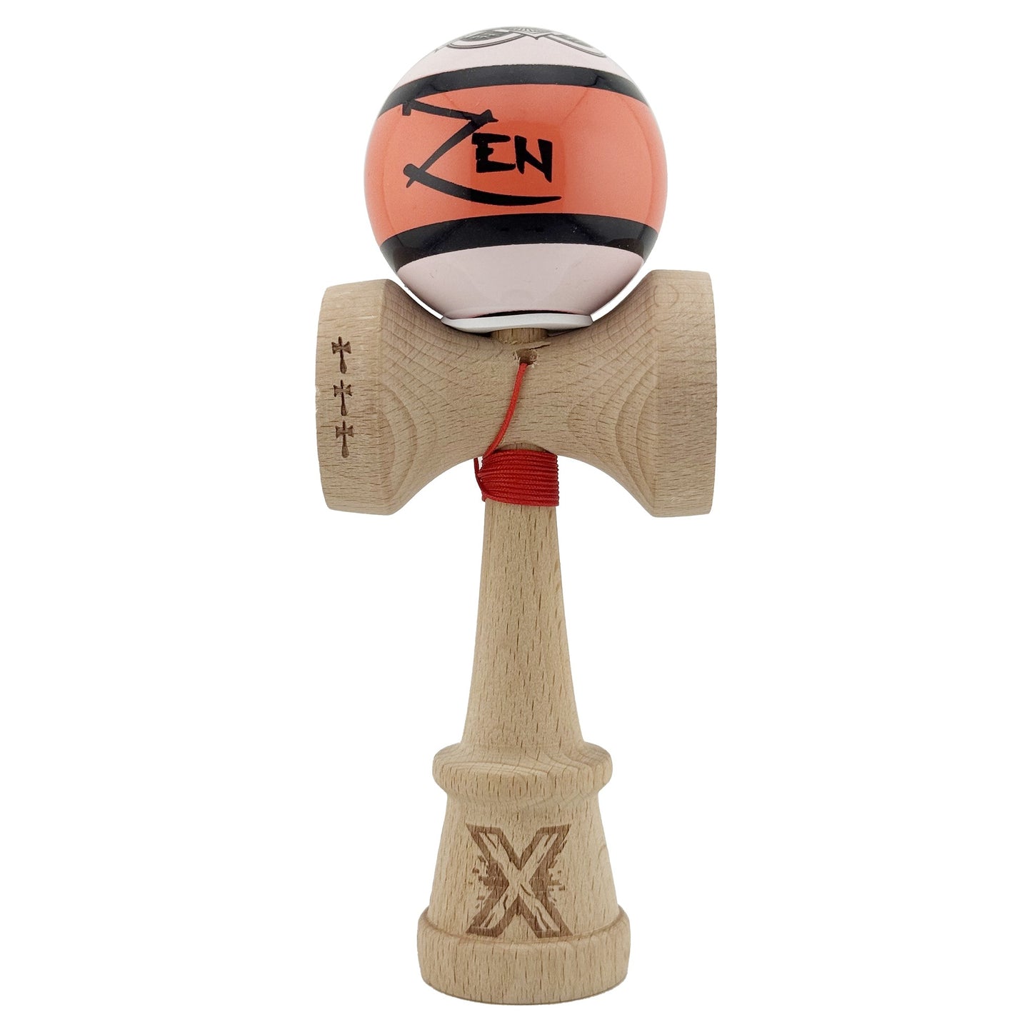 Kendama X Zen Series Originala, Profesionala, Klevo, Cupe Mari KING SIZE V3, Super Sticky, Gaura in Baza, Rulment Metalic, din lemn 18 cm, Ata 62/65 cm, Coral