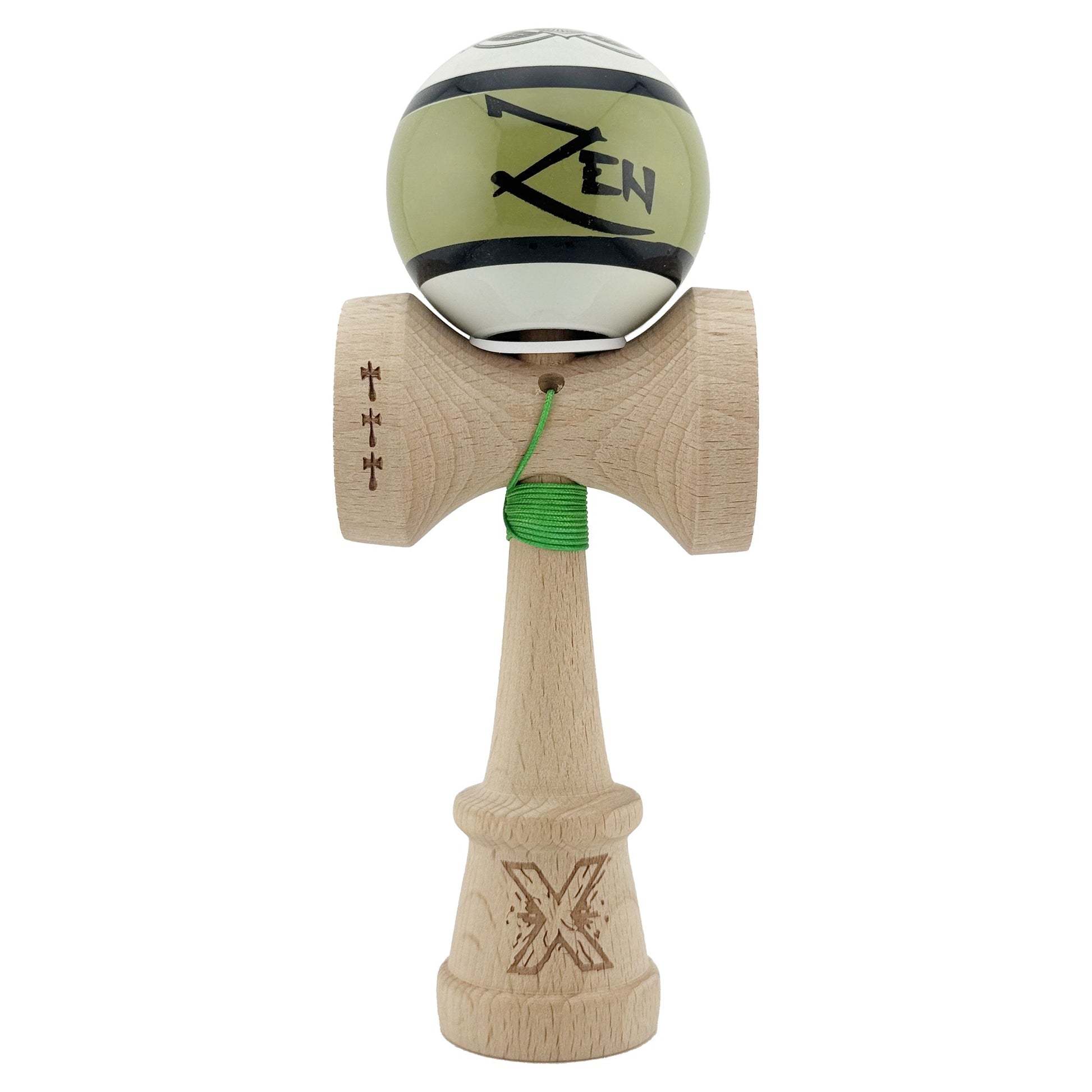 Kendama X Zen Series Originala, Profesionala, Klevo, Cupe Mari KING SIZE V3, Super Sticky, Gaura in Baza, Rulment Metalic, din lemn 18 cm, Ata 62/65 cm, Verde