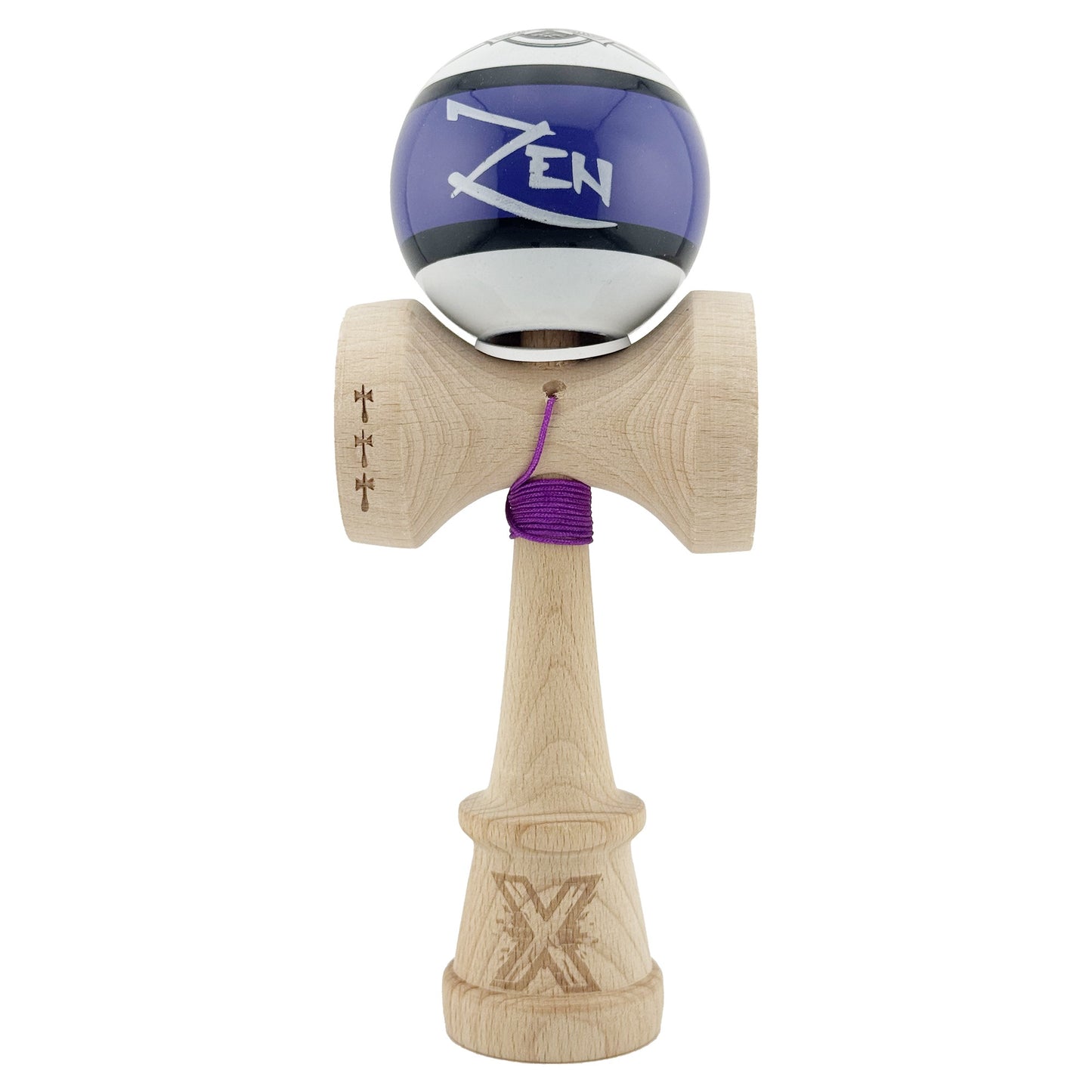 Kendama X Zen Series Originala, Profesionala, Klevo, Cupe Mari KING SIZE V3, Super Sticky, Gaura in Baza, Rulment Metalic, din lemn 18 cm, Ata 62/65 cm, Violet