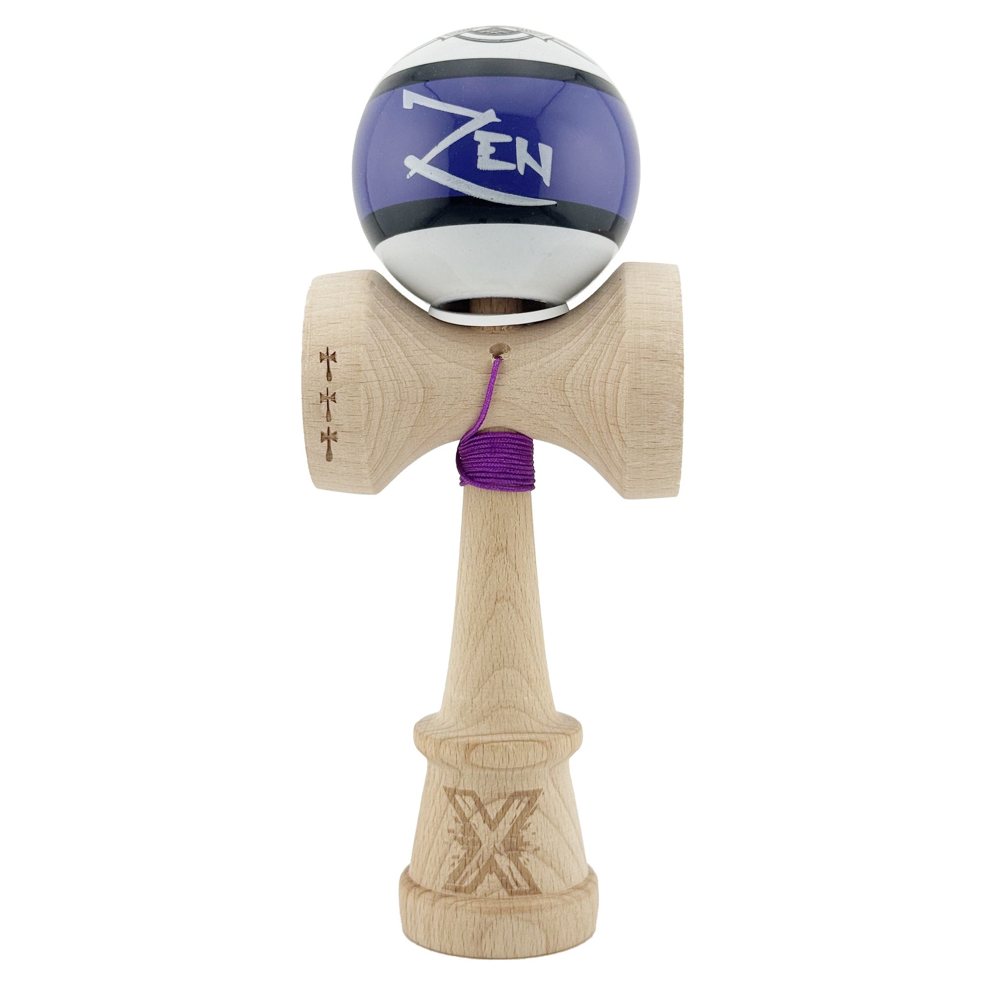 Kendama X Zen Series Originala, Profesionala, Klevo, Cupe Mari KING SIZE V3, Super Sticky, Gaura in Baza, Rulment Metalic, din lemn 18 cm, Ata 62/65 cm, Violet