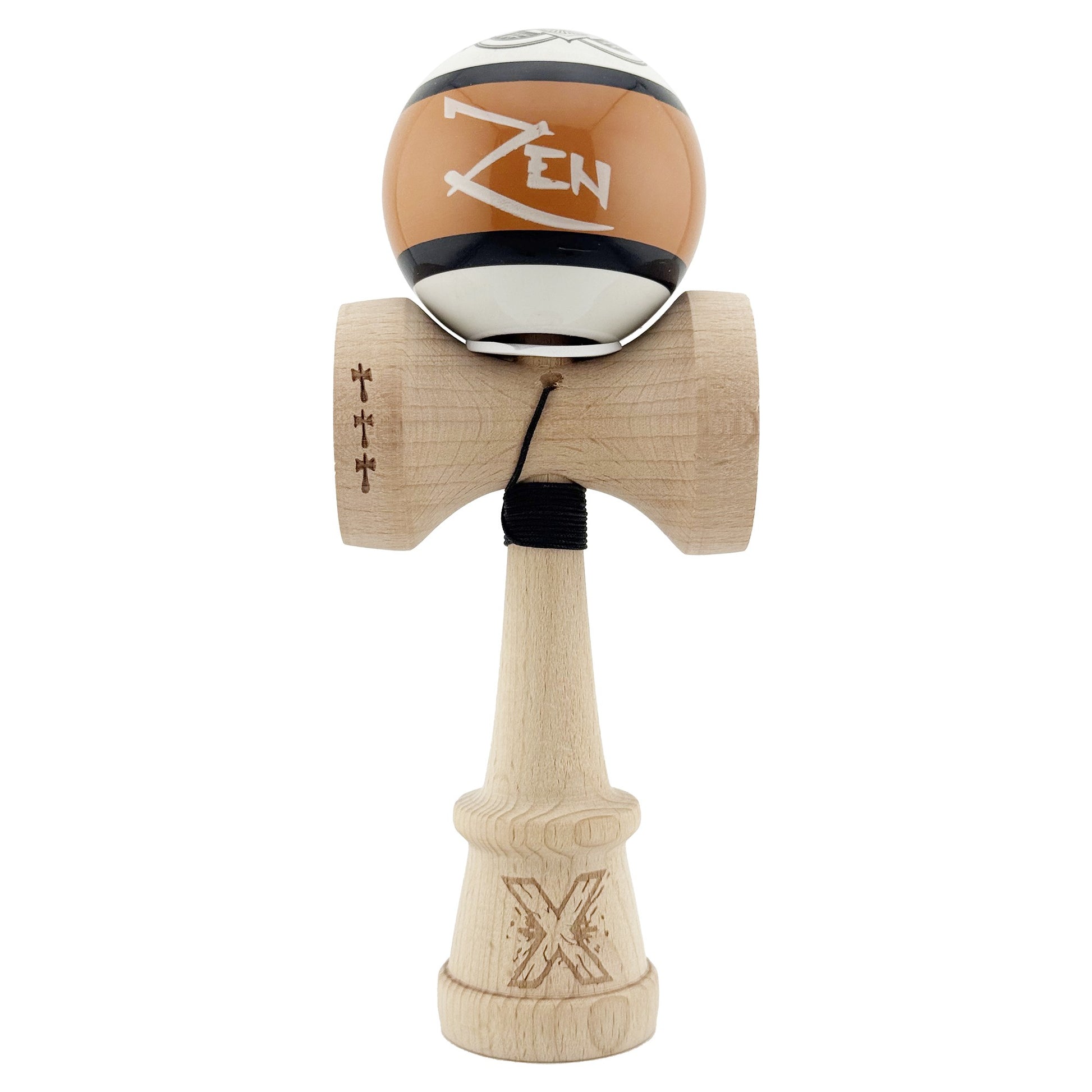 Kendama X Zen Series Originala, Profesionala, Klevo, Cupe Mari KING SIZE V3, Super Sticky, Gaura in Baza, Rulment Metalic, din lemn 18 cm, Ata 62/65 cm, Maro