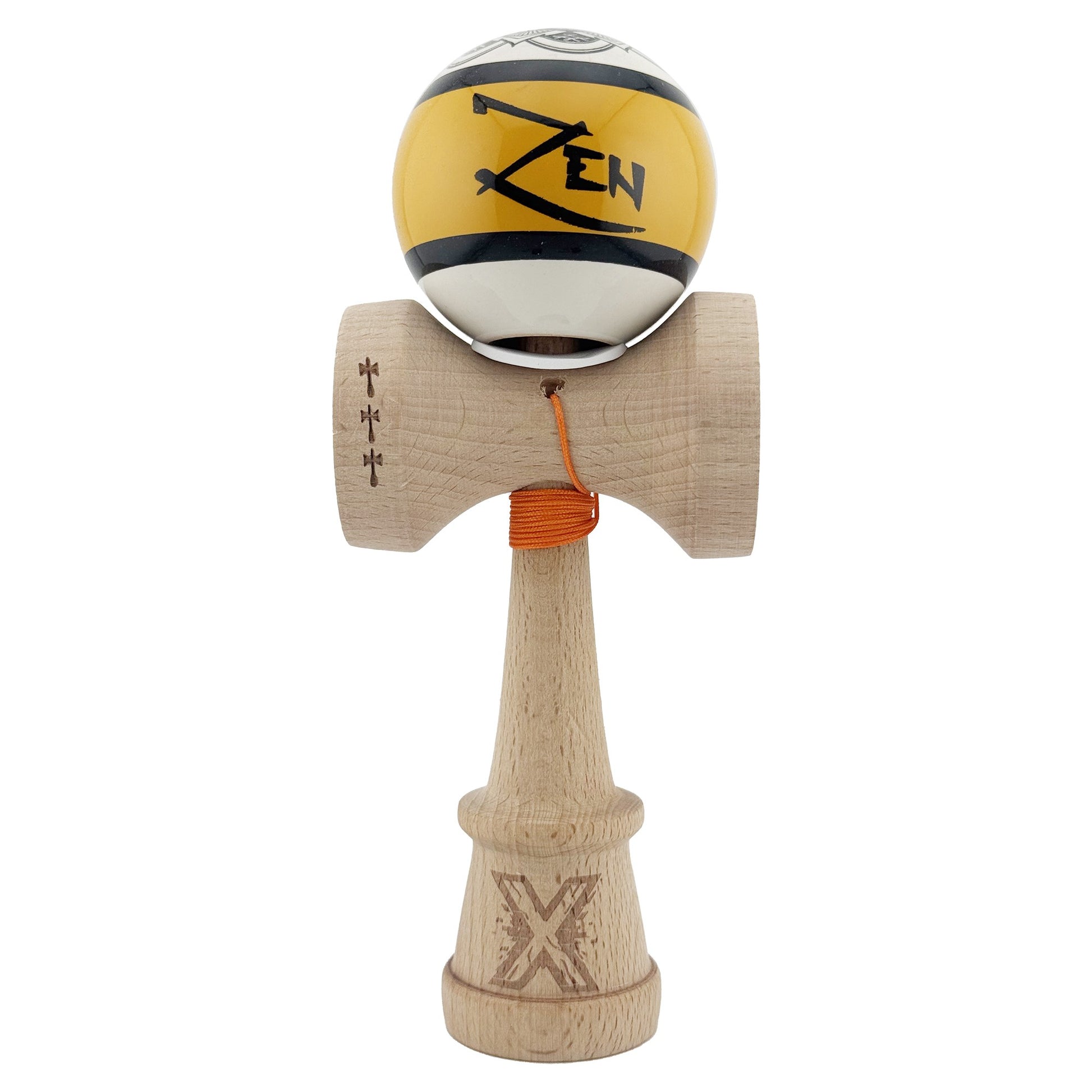Kendama X Zen Series Originala, Profesionala, Klevo, Cupe Mari KING SIZE V3, Super Sticky, Gaura in Baza, Rulment Metalic, din lemn 18 cm, Ata 62/65 cm, Auriu