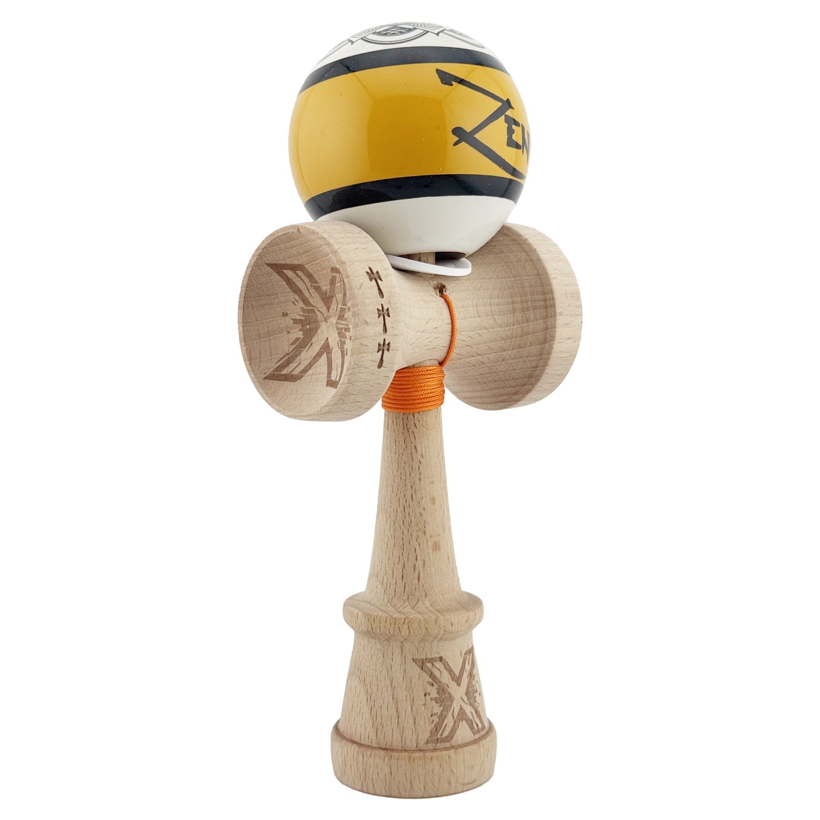 Kendama X Zen Series Originala, Profesionala, Klevo, Cupe Mari KING SIZE V3, Super Sticky, Gaura in Baza, Rulment Metalic, din lemn 18 cm, Ata 55 cm, Auriu
