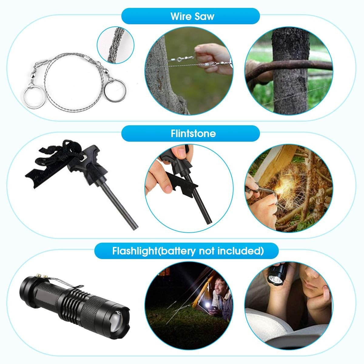 Kit supravietuire multifunctional Klevo, Instrumente profesionale, Agatatoare ghiozdan, pentru Camping, Drumetii, Aventuri in aer liber, negru