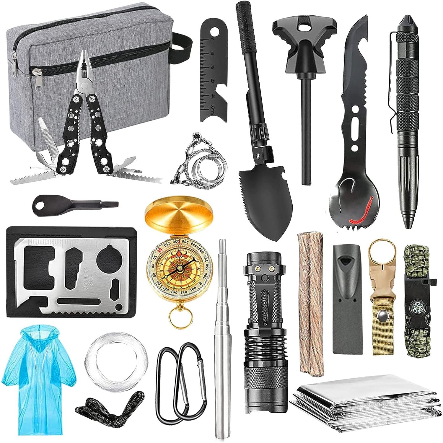 Kit supravietuire multifunctional Klevo, Instrumente profesionale, Agatatoare ghiozdan, pentru Camping, Drumetii, Aventuri in aer liber, borseta inclusa, gri