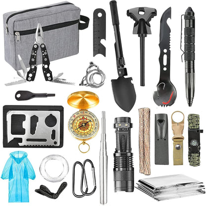 Kit supravietuire multifunctional Klevo, Instrumente profesionale, Agatatoare ghiozdan, pentru Camping, Drumetii, Aventuri in aer liber, borseta inclusa, gri