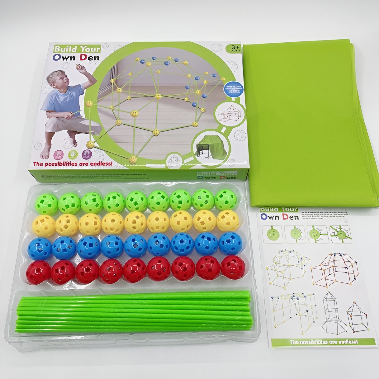 Kit de Constructie Fort 3D pentru Copii, Klevo, 560 g, 36 Sfere, 51 Tije, Panza Verde Impermeabil, 3 ani, Educativ, Multicolor