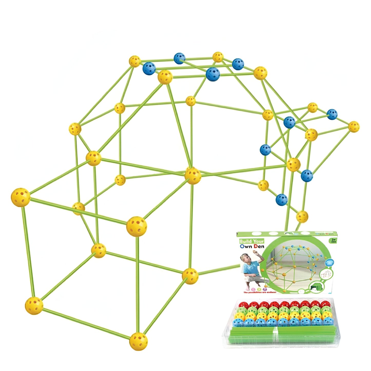 Kit de Constructie Fort 3D pentru Copii, Klevo, 560 g, 36 Sfere, 51 Tije, Panza Verde Impermeabil, 3 ani, Educativ, Multicolor