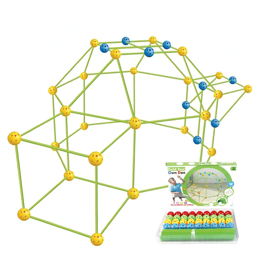 Kit de Constructie Fort 3D pentru Copii, Klevo, 560 g, 36 Sfere, 51 Tije, Panza Verde Impermeabil, 3 ani, Educativ, Multicolor