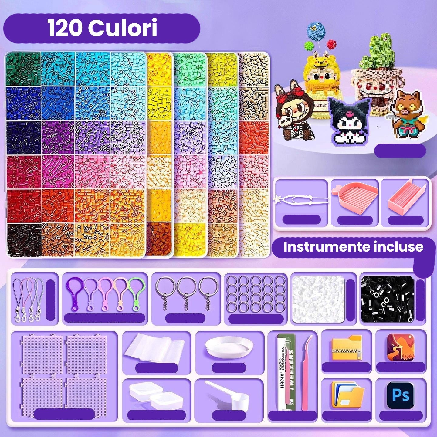 Kit de Margele Perle, Klevo, Set DIY 3D din 120 de Culori, 10000 de piese, Instrumente pentru Margele Incluse, 2.6 mm in cutie, Multicolor