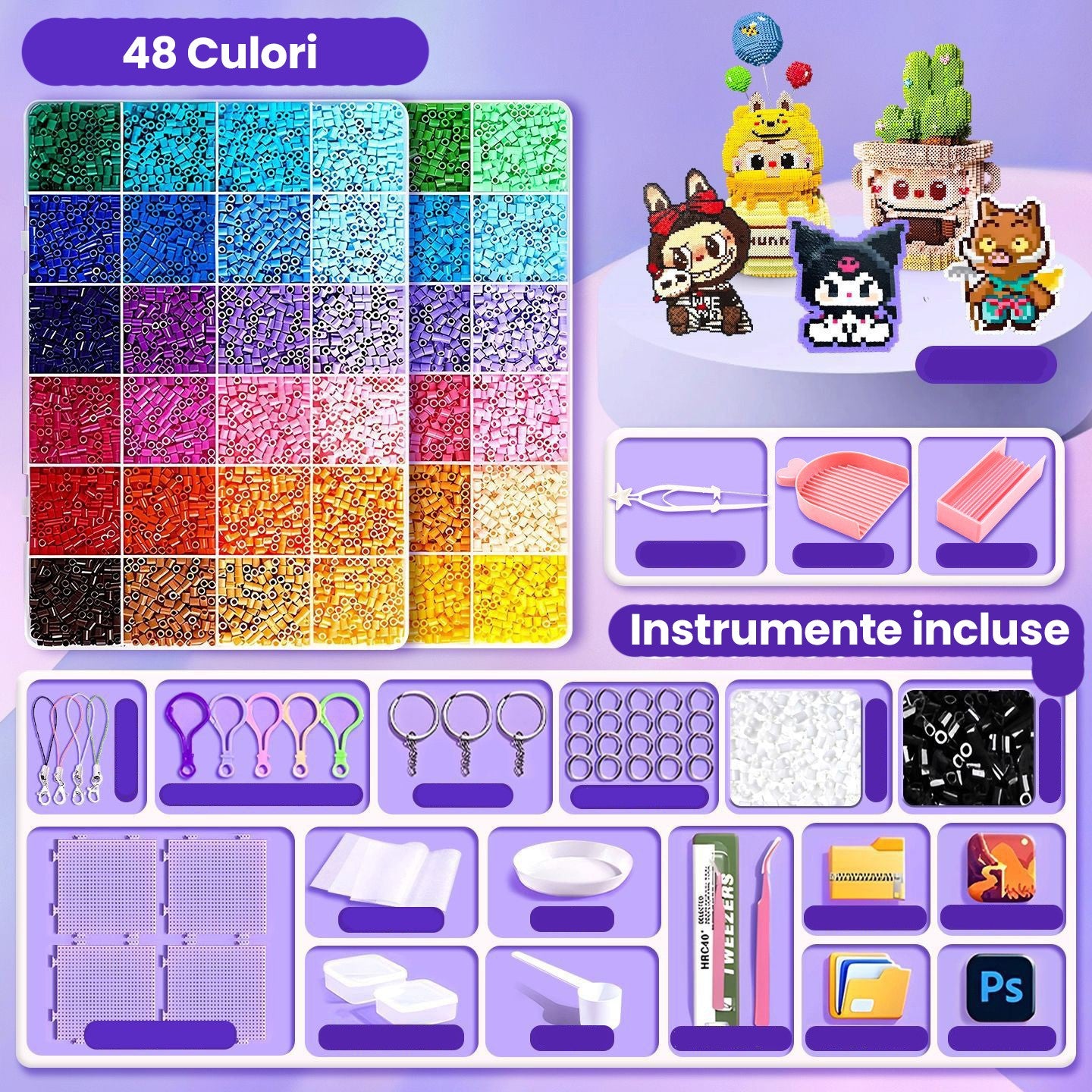 Kit de Margele Perle, Klevo, Set DIY 3D din 48 de Culori, 4000 de piese, Instrumente pentru Margele Incluse, 2.6 mm in cutie, Multicolor