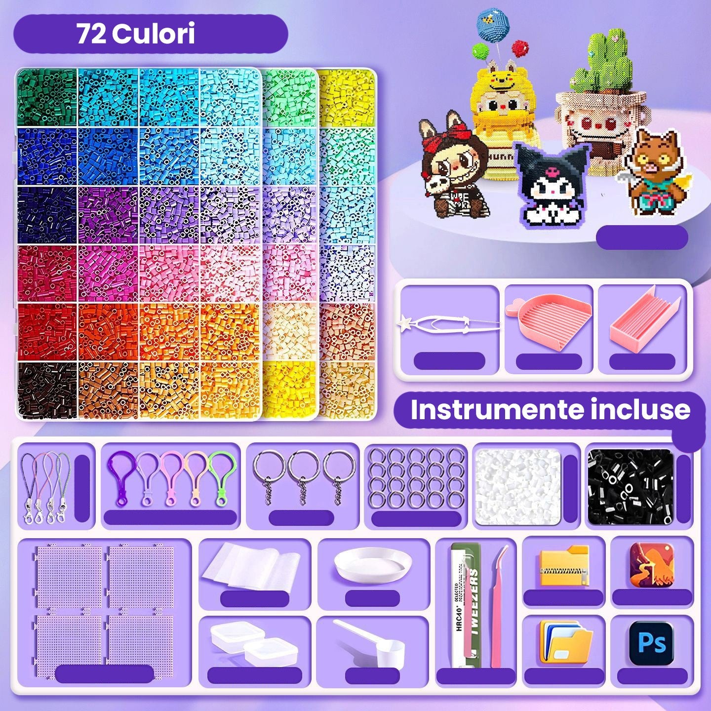 Kit de Margele Perle, Klevo, Set DIY 3D din 72 de Culori, 6000 de piese, Instrumente pentru Margele Incluse, 2.6 mm in cutie, Multicolor