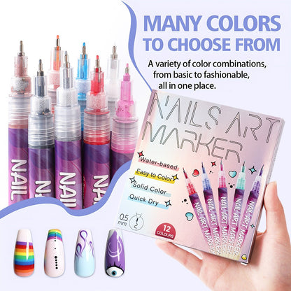 Kit Nail Art, Klevo, Set 12 Markere Acrilice Pentru Unghii, Varf Ultra Fin 0.5 mm, 13 x 10 cm, Multicolor