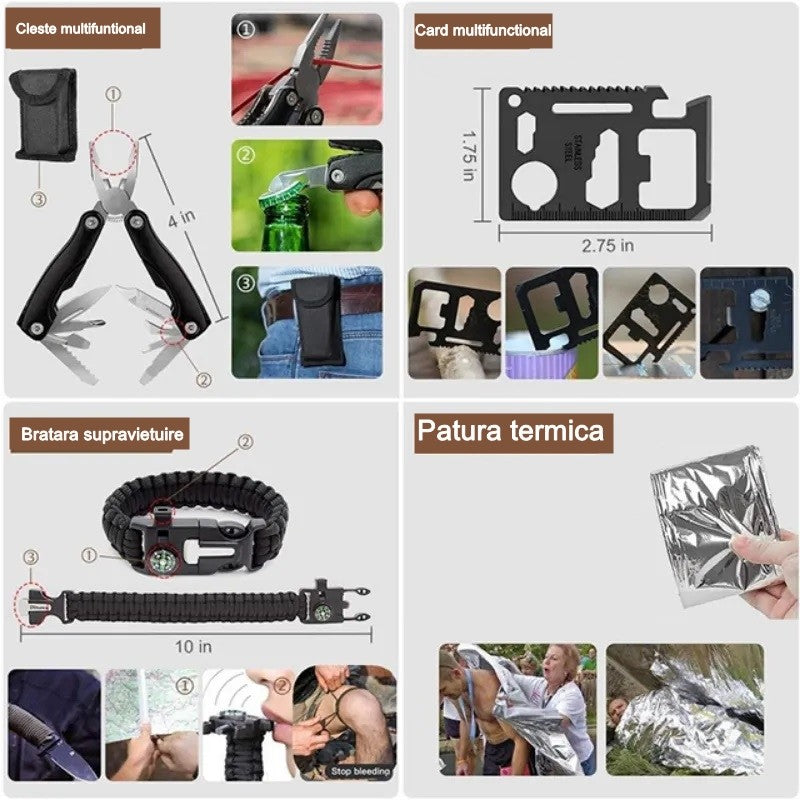 Kit supravietuire multifuncional Klevo, 42 de Instrumente Profesionale, Echipament de prim-ajutor, Drumetie, Camping