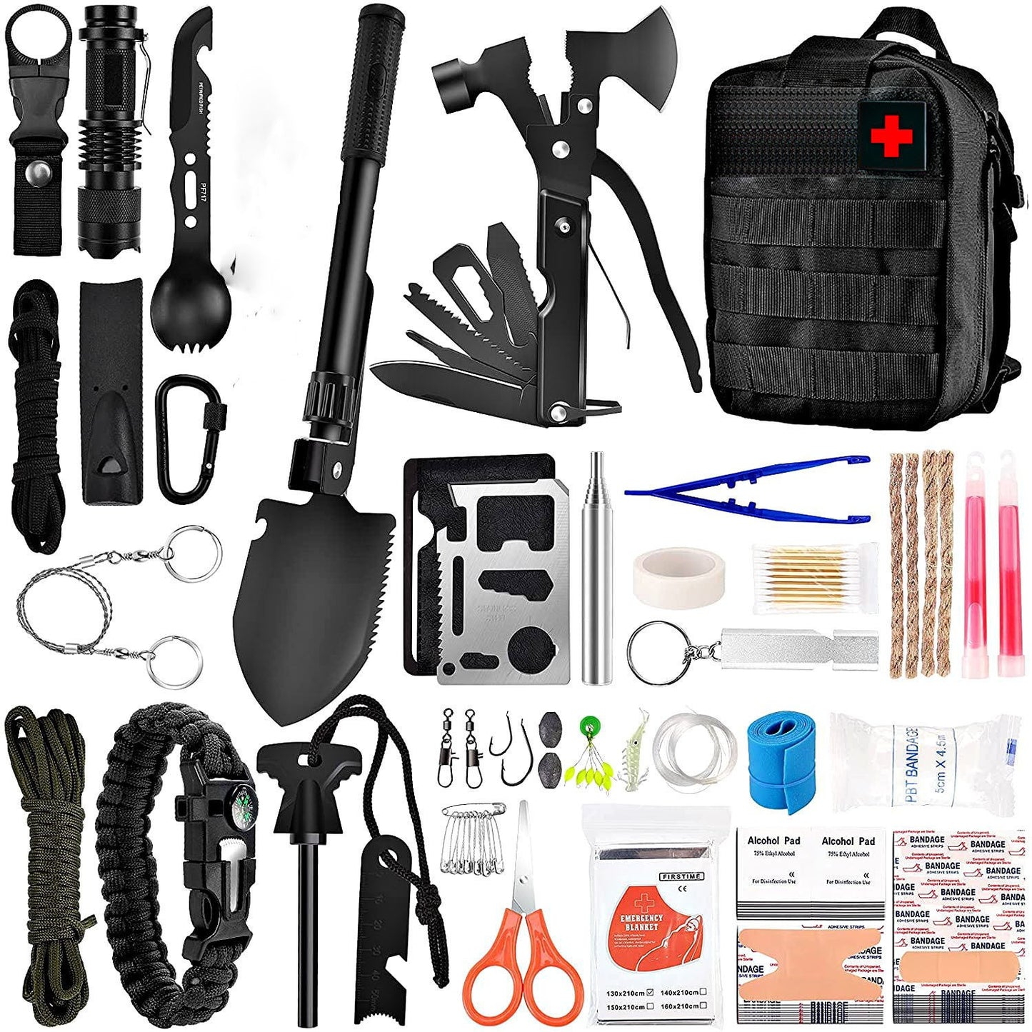 Kit supravietuire multifuncional Klevo, 42 de Instrumente Profesionale, Echipament de prim-ajutor, Drumetie, Camping, Negru