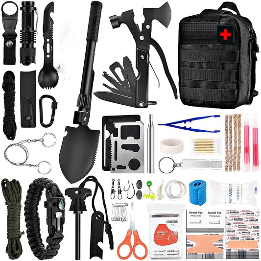 Kit supravietuire multifuncional Klevo, 42 de Instrumente Profesionale, Echipament de prim-ajutor, Drumetie, Camping, Negru