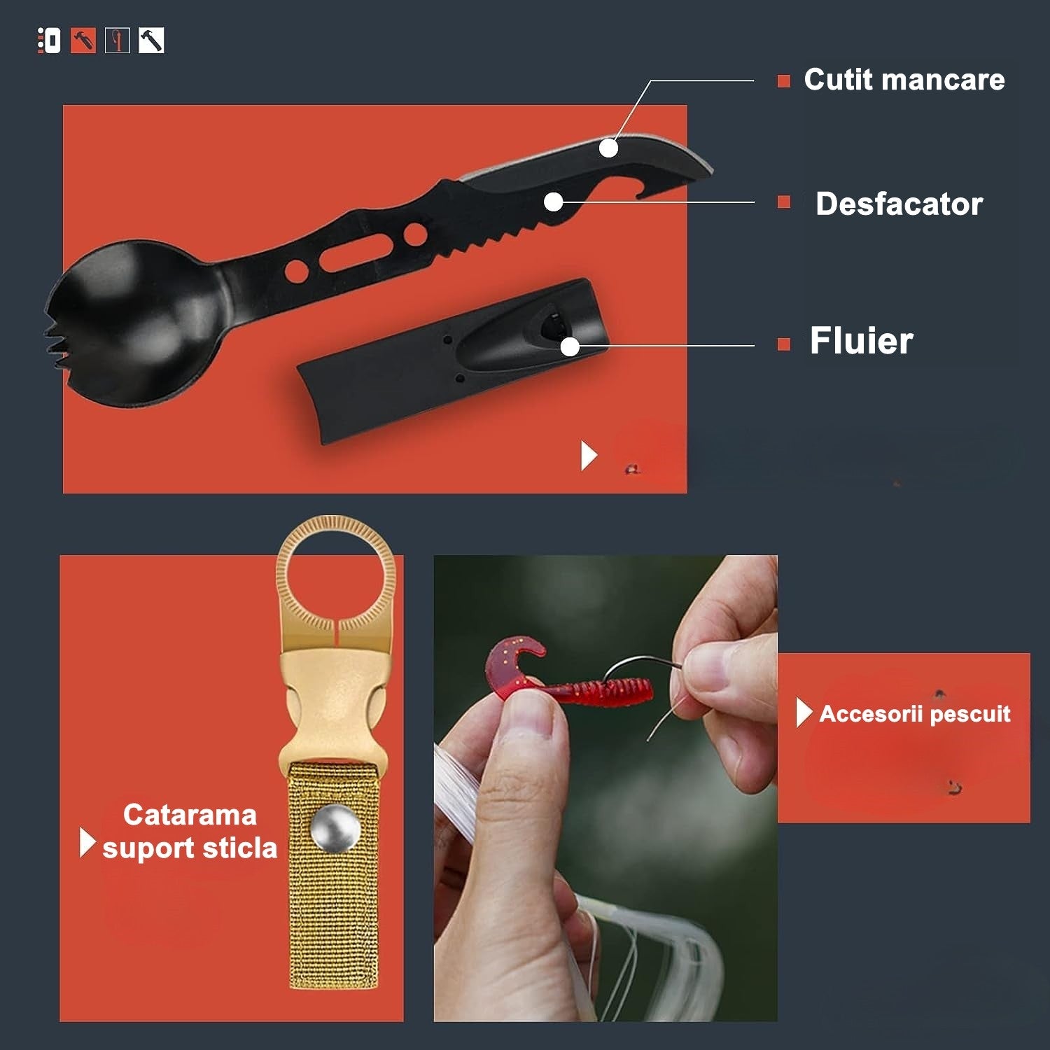 Kit supravietuire multifunctional 13 in 1 Klevo, Instrumente profesionale, agatatoare ghiozdan, pentru Camping, Drumetii, Aventuri in aer liber, borseta inclusa, model cutie, negru
