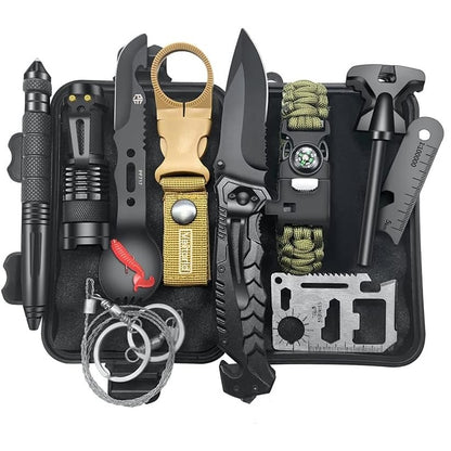 Kit supravietuire multifunctional 13 in 1 Klevo, Instrumente profesionale, agatatoare ghiozdan, pentru Camping, Drumetii, Aventuri in aer liber, borseta inclusa, model cutie, negru