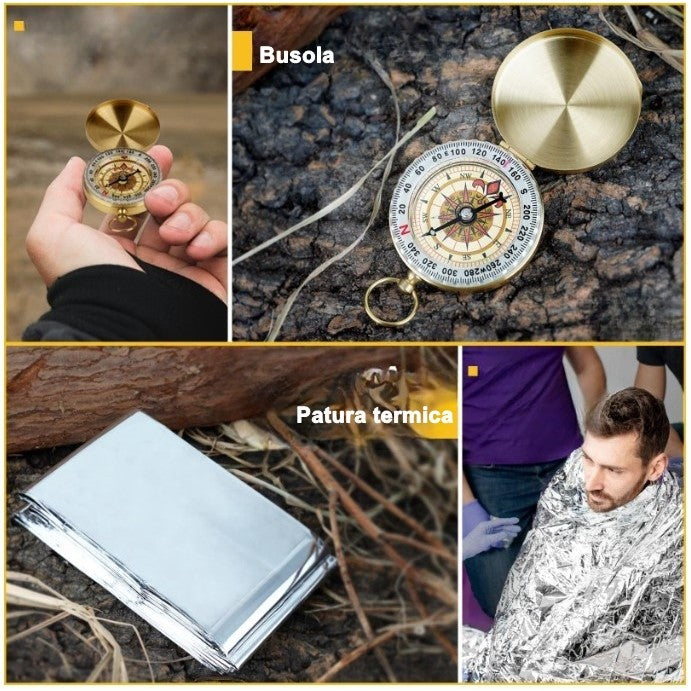 Kit supravietuire multifunctional 16 in 1 Klevo, Instrumente profesionale, Agatatoare ghiozdan, pentru Camping, Drumetii, Aventuri in aer liber, borseta inclusa, negru