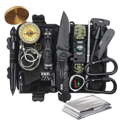 Kit supravietuire multifunctional 16 in 1 Klevo, Instrumente profesionale, Agatatoare ghiozdan, pentru Camping, Drumetii, Aventuri in aer liber, borseta inclusa, negru