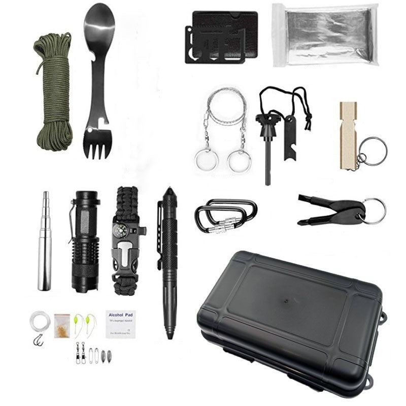Kit supravietuire multifunctional Klevo, Instrumente profesionale, Agatatoare ghiozdan, pentru Camping, Drumetii, Aventuri in aer liber, negru