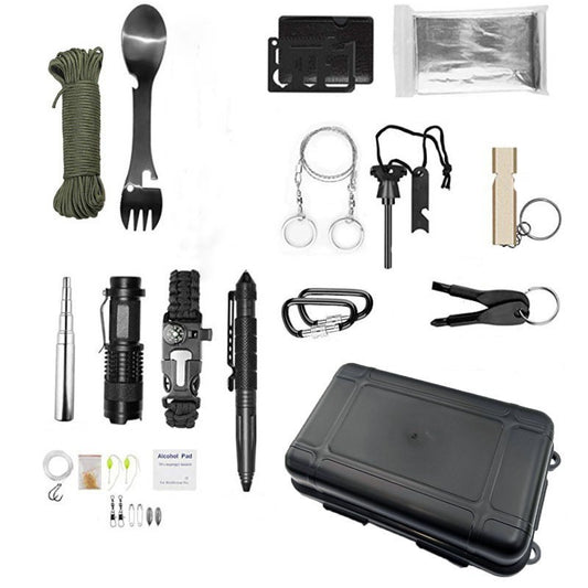 Kit supravietuire multifunctional Klevo, Instrumente profesionale, Agatatoare ghiozdan, pentru Camping, Drumetii, Aventuri in aer liber, negru