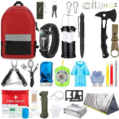 Kit supravietuire multifunctional Klevo, Instrumente profesionale, Agatatoare ghiozdan, pentru Camping, Drumetii, Aventuri in aer liber, borseta inclusa, gri