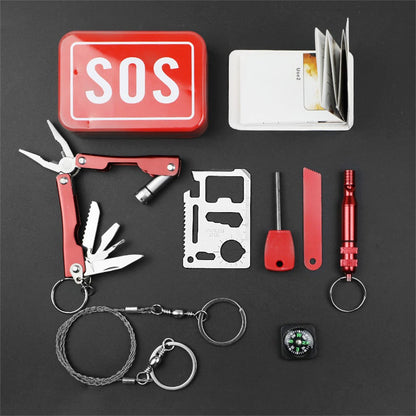 Kit supravietuire multifunctional Klevo, Instrumente profesionale, tip cutie, pentru Camping, Drumetii, Aventuri in aer liber, borseta inclusa, rosu