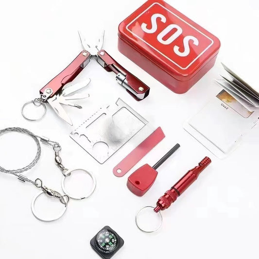 Kit supravietuire multifunctional Klevo, Instrumente profesionale, tip cutie, pentru Camping, Drumetii, Aventuri in aer liber, borseta inclusa, rosu