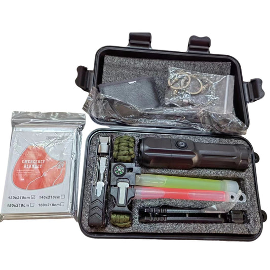 Kit supravietuire multifunctional, Klevo, Instrumente profesionale, Tip Valiza, pentru Camping, Drumetii, Aventuri in aer liber, 130x210 cm, Negru