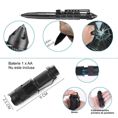 Kit supravietuire multifunctional Klevo, Instrumente profesionale, Trusa de Prim-Ajutor, pentru Camping, Drumetii, Aventuri in aer liber, borseta inclusa, model army