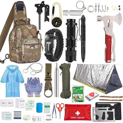 Kit supravietuire multifunctional Klevo, Instrumente profesionale, Trusa de Prim-Ajutor, pentru Camping, Drumetii, Aventuri in aer liber, borseta inclusa, model army