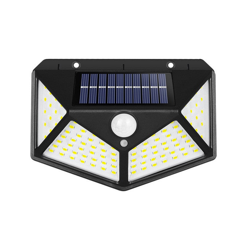 Lampa cu incarcare solara pentru exterior, 100 LED cu distanta de inductie, montaj pe perete, fara cabluri, cu 4 fete, Klevo