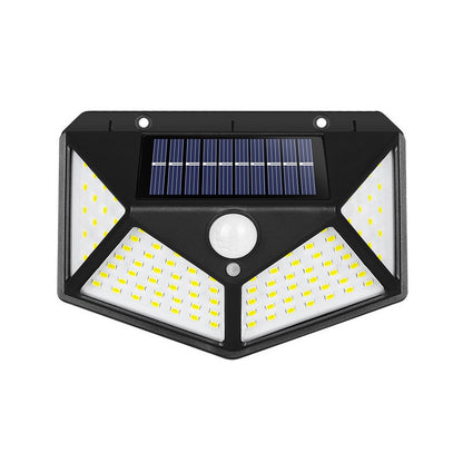 Lampa cu incarcare solara pentru exterior, 100 LED cu distanta de inductie, montaj pe perete, fara cabluri, cu 4 fete, Klevo