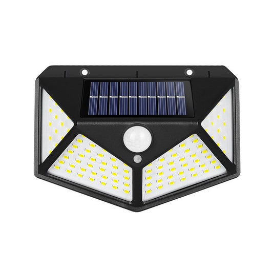 Lampa cu incarcare solara pentru exterior, 100 LED cu distanta de inductie, montaj pe perete, fara cabluri, cu 4 fete, Klevo