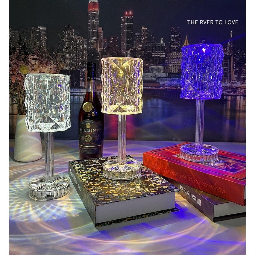 Lampa de birou pe LED RGB 16, Klevo, dimmer tactil, 3 nivele de intensitate, incarcare USB, 3W, Cristal Acrilic, 13x28 cm, cu telecomanda, forma veioza, transparent