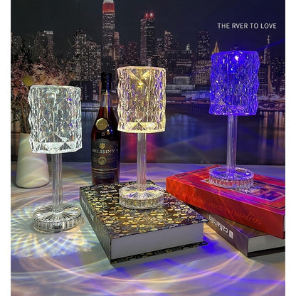 Lampa de birou pe LED RGB 16, Klevo, dimmer tactil, 3 nivele de intensitate, incarcare USB, 3W, Cristal Acrilic, 13x28 cm, cu telecomanda, forma veioza, transparent