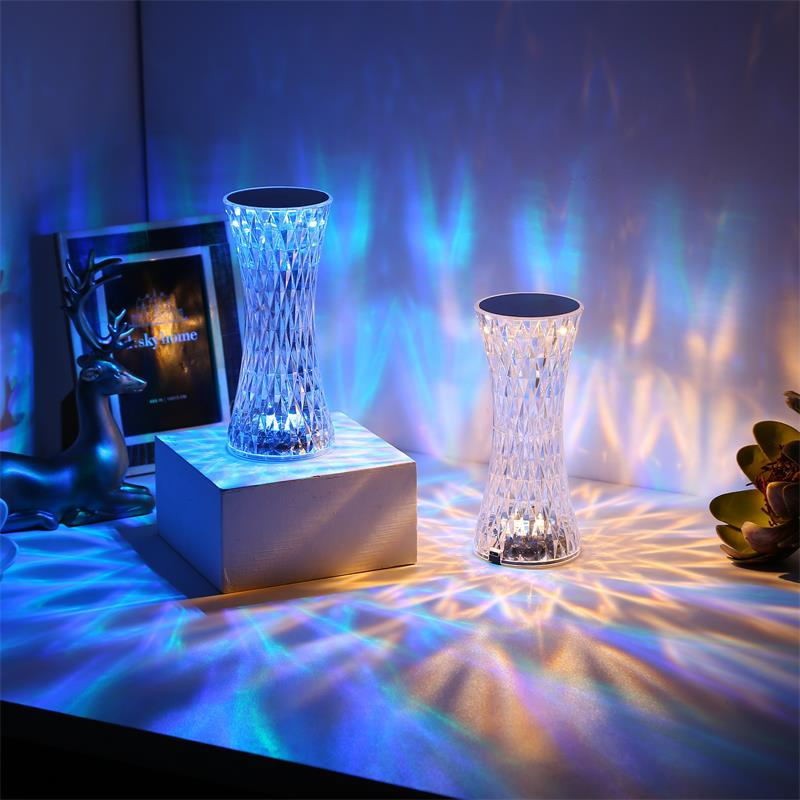 Lampa de birou pe LED RGB 16, Klevo, dimmer tactil, 3 nivele de intensitate, incarcare USB, 3W, Cristal Acrilic, 8x19 cm, cu telecomanda, forma vaza, model 2, transparent