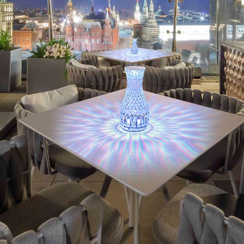 Lampa de birou pe LED RGB 16, Klevo, dimmer tactil, 3 nivele de intensitate, incarcare USB, 3W, Cristal Acrilic, 20x12 cm, cu telecomanda, forma vaza, transparent