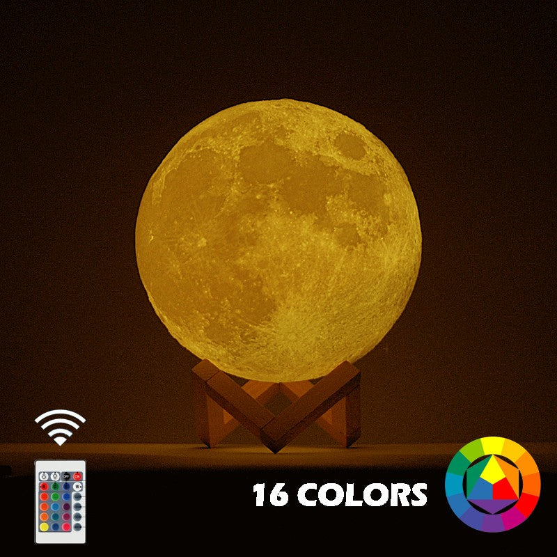 Lampa de veghe in forma de luna cu stele 3D Moon Light, Acumulator integrat, alimentare USB, stand din plastic inclus, 13 cm, 16 culori, Multicolor, Telecomanda inclusa, Klevo