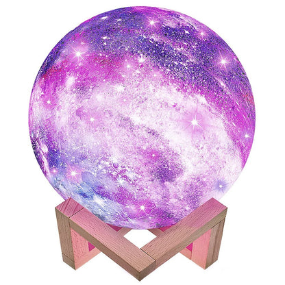 Lampa de veghe in forma de luna cu stele 3D Moon Light, alimentare baterii, stand din lemn inclus, 10 cm, Klevo