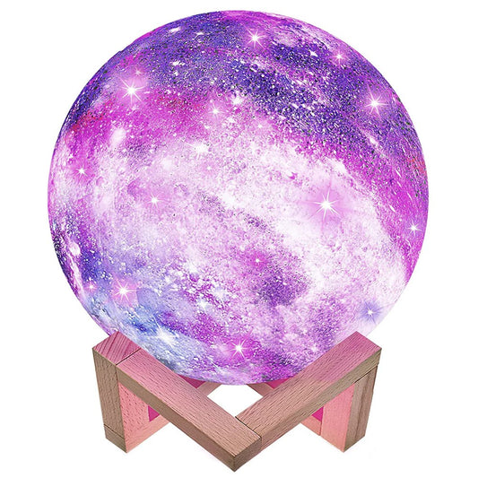 Lampa de veghe in forma de luna cu stele 3D Moon Light, alimentare baterii, stand din lemn inclus, 14 cm, Klevo